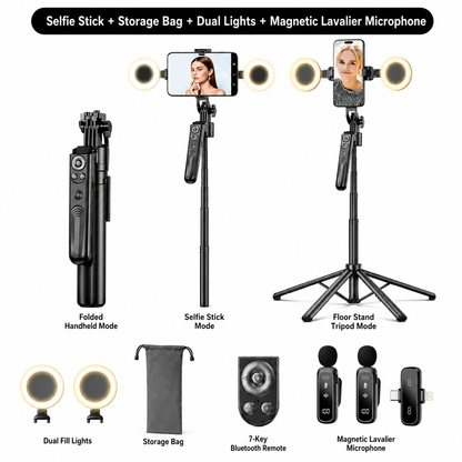 AI Face Tracking Selfie Stick Tripod – 360° Auto Tracking, 70.8" 4-Leg Stand with Dual Fill Lights & Wireless Mic Options