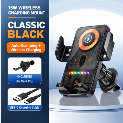 📱Smart 2-in-1 Car Phone Mount – 15W Wireless Charging & Auto-Rotating Grip