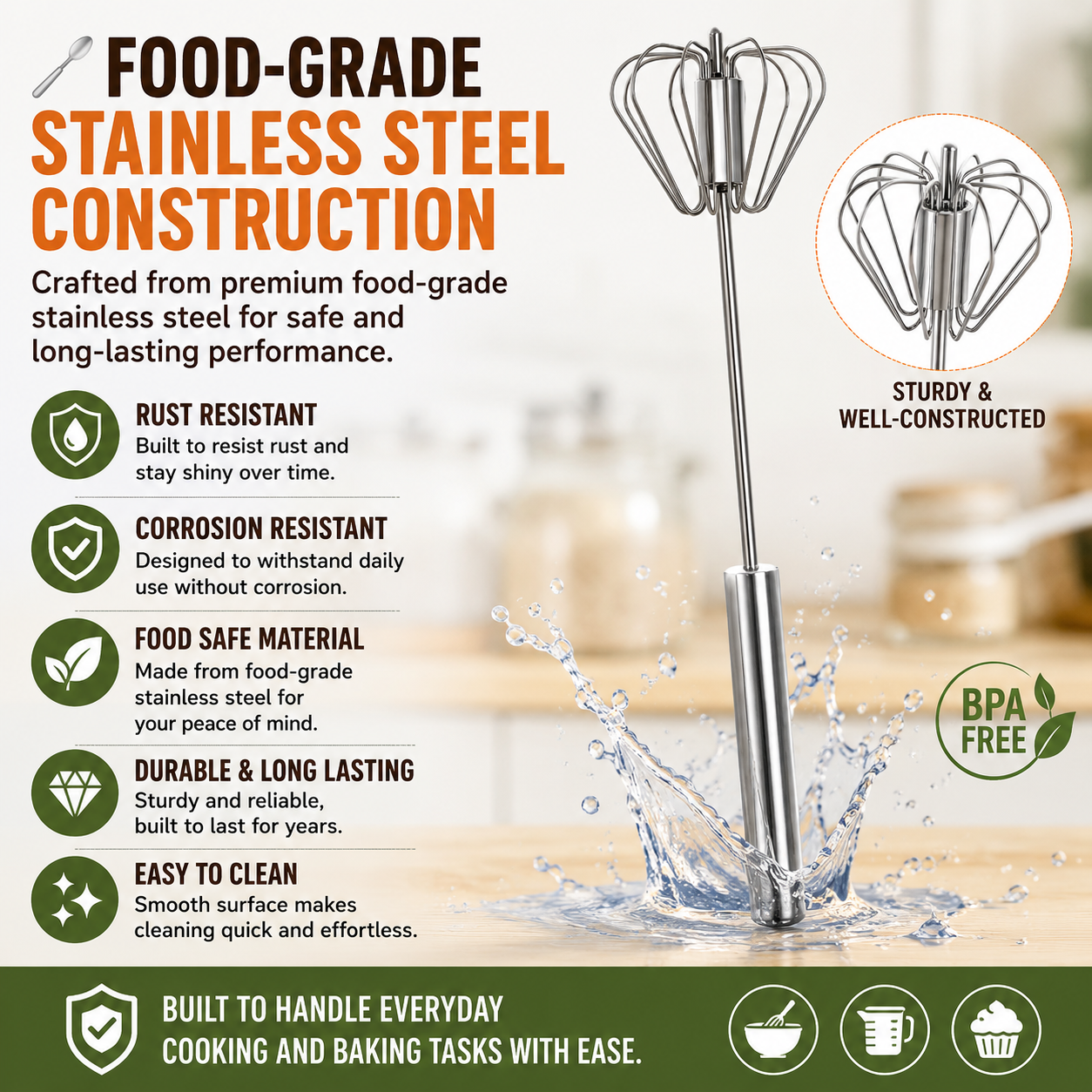 🥄✨ Stainless Steel Hand-Push Rotary Whisk – Effortless Mixing in Seconds!