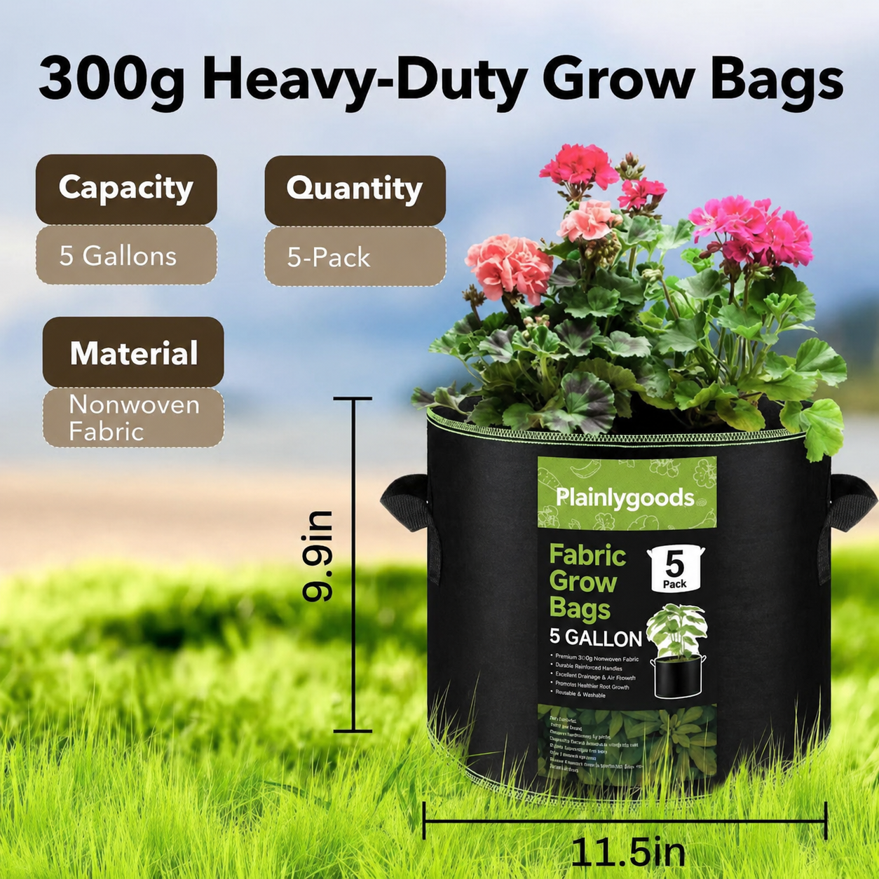 Plainlygoods 5-pack Heavy-Duty Breathable Grow Bags