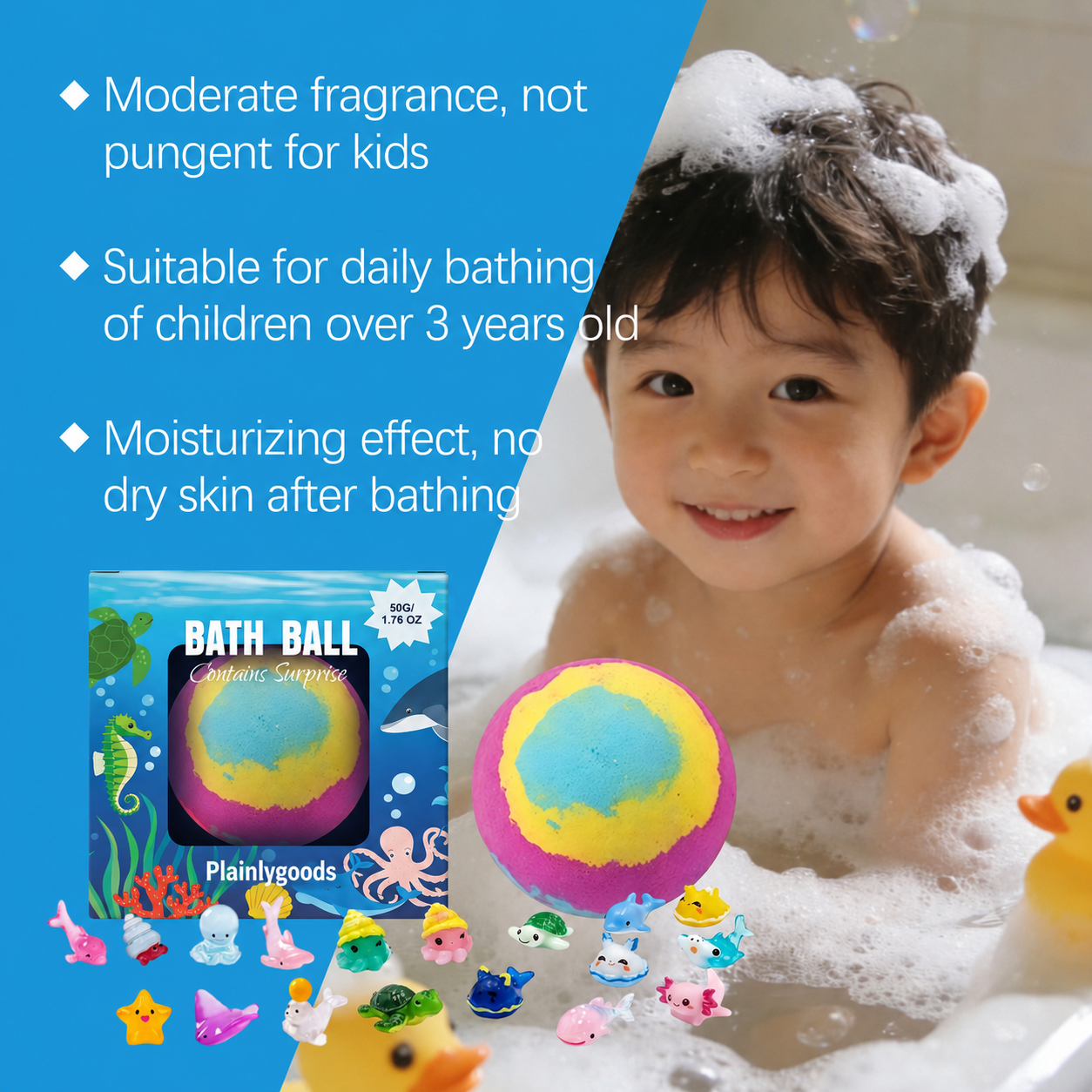 Plainlygoods Ocean Surprise Kids Bath Bombs – Fizzy Bath Fun with Hidden Toys Inside