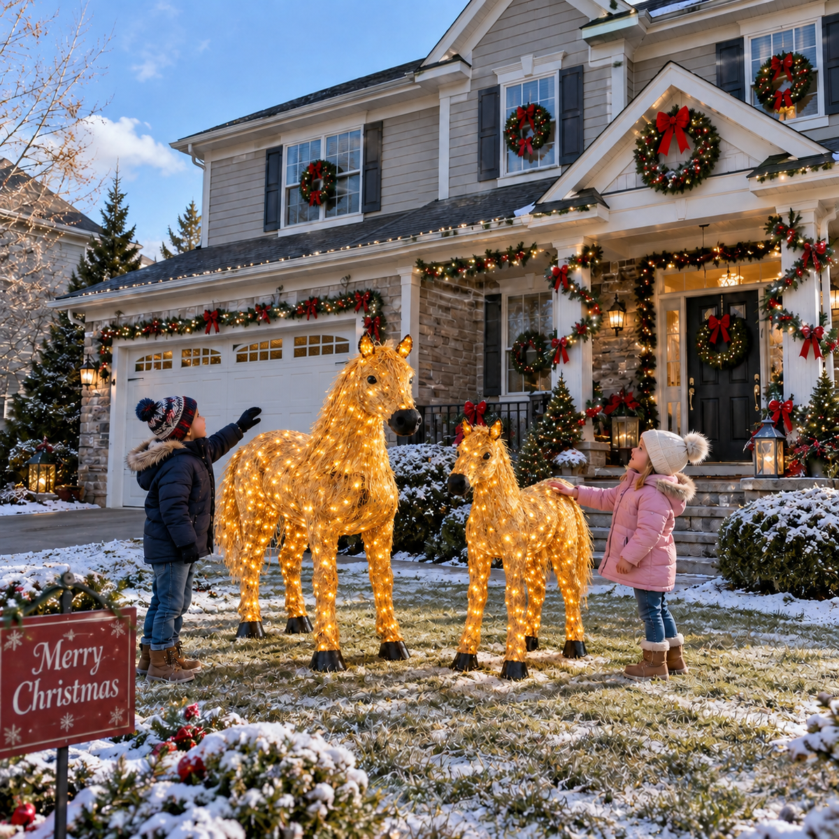 ✨🐎 Light-Up Christmas Horse & Foal Set – Warm White LED Holiday Display