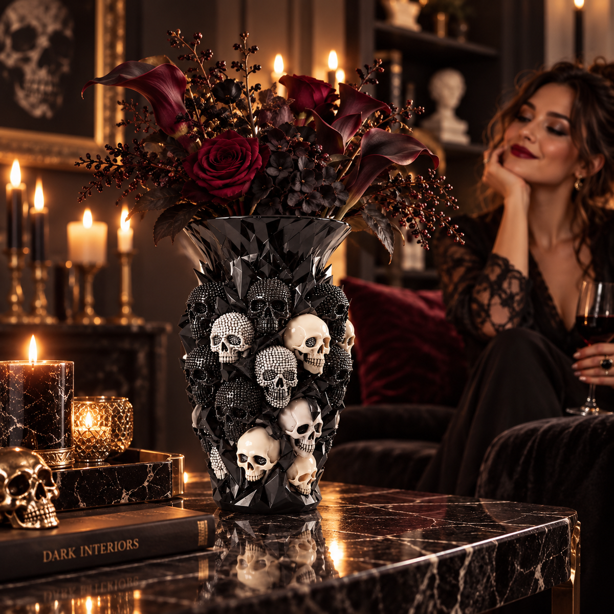 💎💀Gothic Skull & Crow Resin Vase- Dark Decor Vase