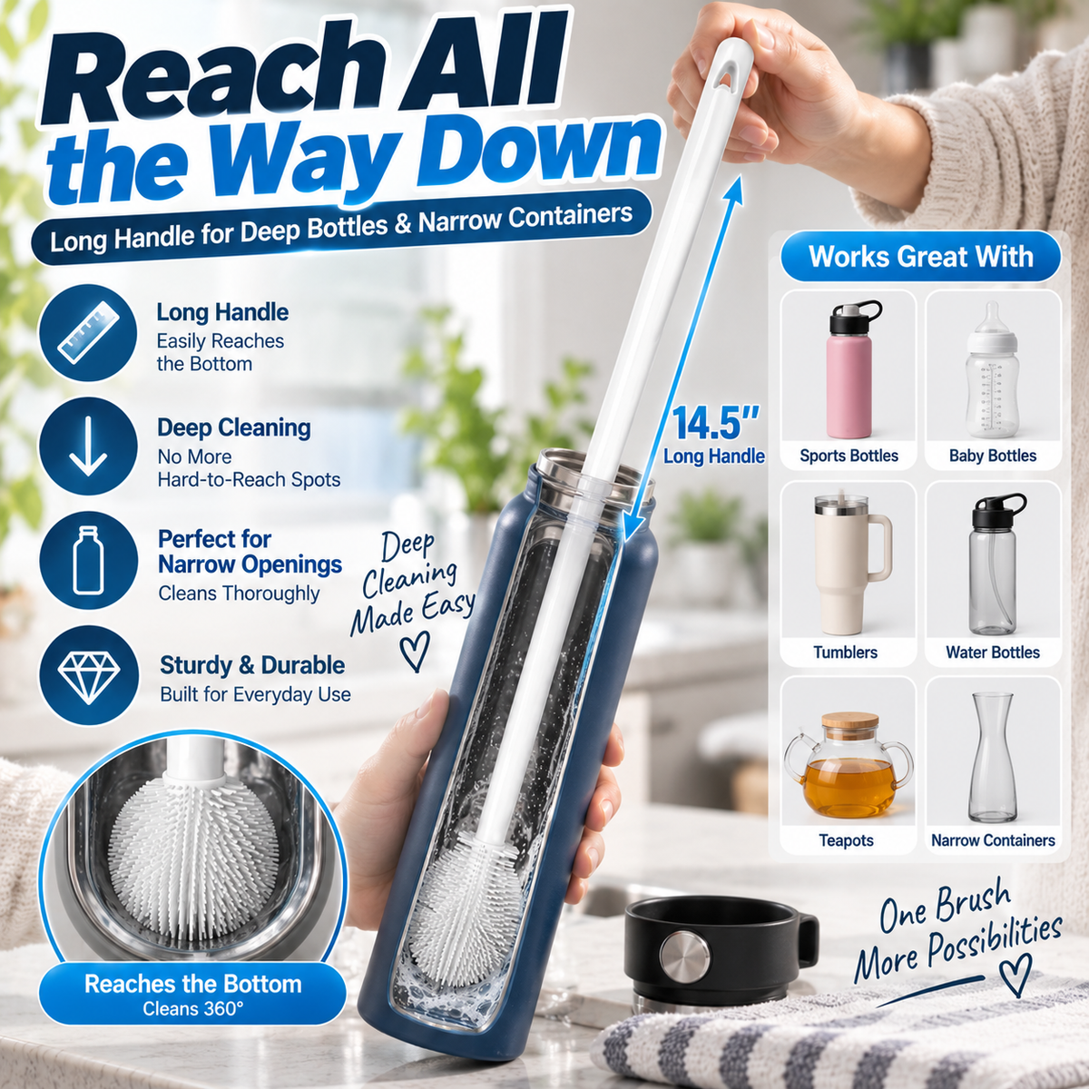 🧼360° Silicone Bottle Cleaning Brush with Long Handle
