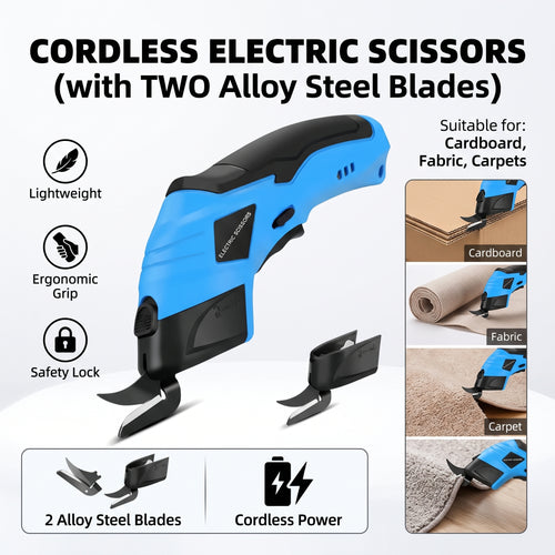 Cordless Electric Scissors, 2 Alloy Steel Blades Fabric & Cardboard Cutter for Sewing, Craft, Carpet