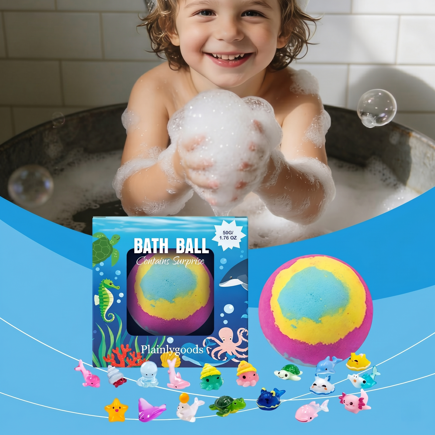 Plainlygoods Ocean Surprise Kids Bath Bombs – Fizzy Bath Fun with Hidden Toys Inside