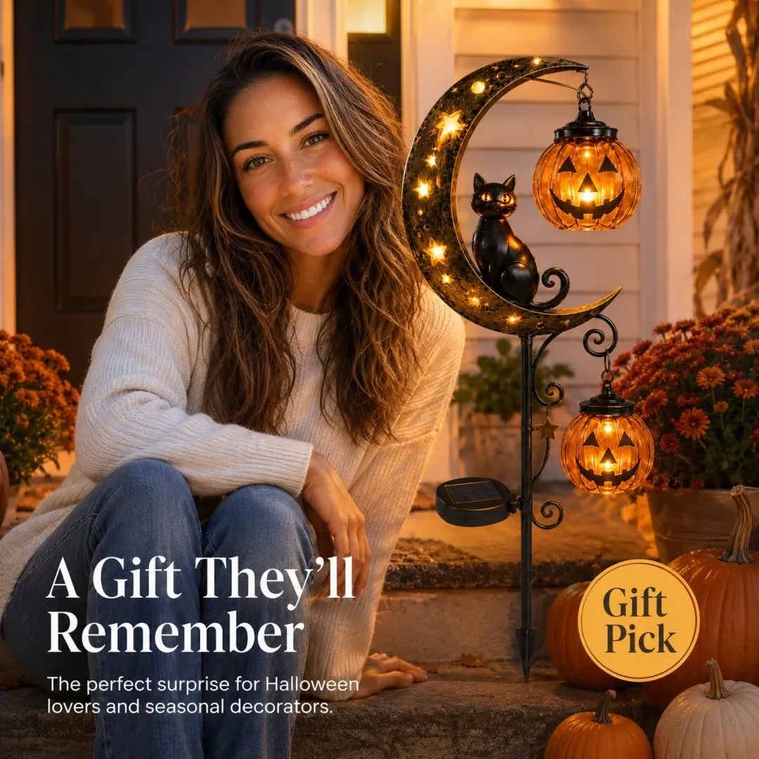 🔥Last Day 70% OFF - Halloween Garden Stake Light with Black Cat & Pumpkin