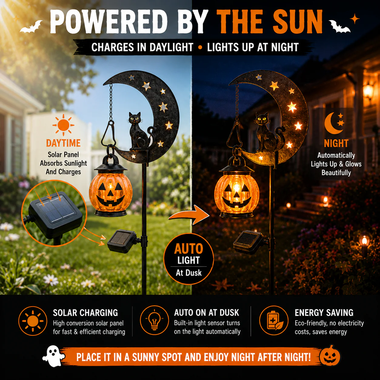 🔥Last Day 70% OFF - Halloween Garden Stake Light with Black Cat & Pumpkin