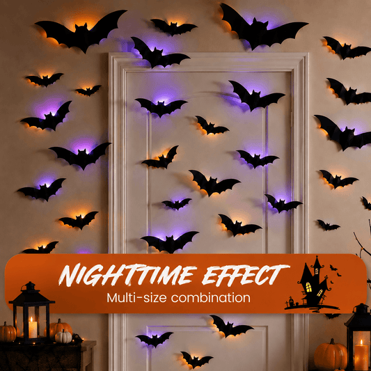 👻Halloween 🎃3D LED glowing bat wall decorations, 🔥various sizes of glowing scary bat decorative lights (12/24/48 per pack).