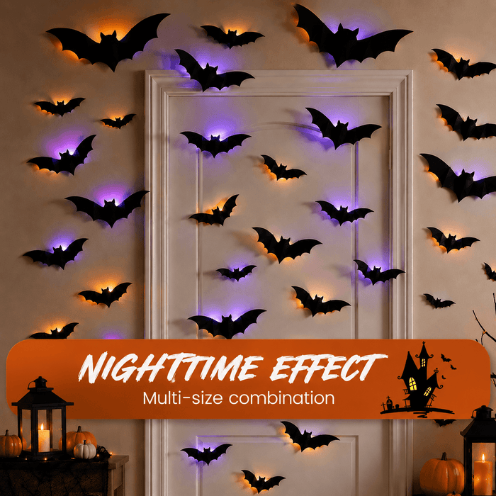 👻Halloween 🎃3D LED glowing bat wall decorations, 🔥various sizes of glowing scary bat decorative lights (12/24/48 per pack).