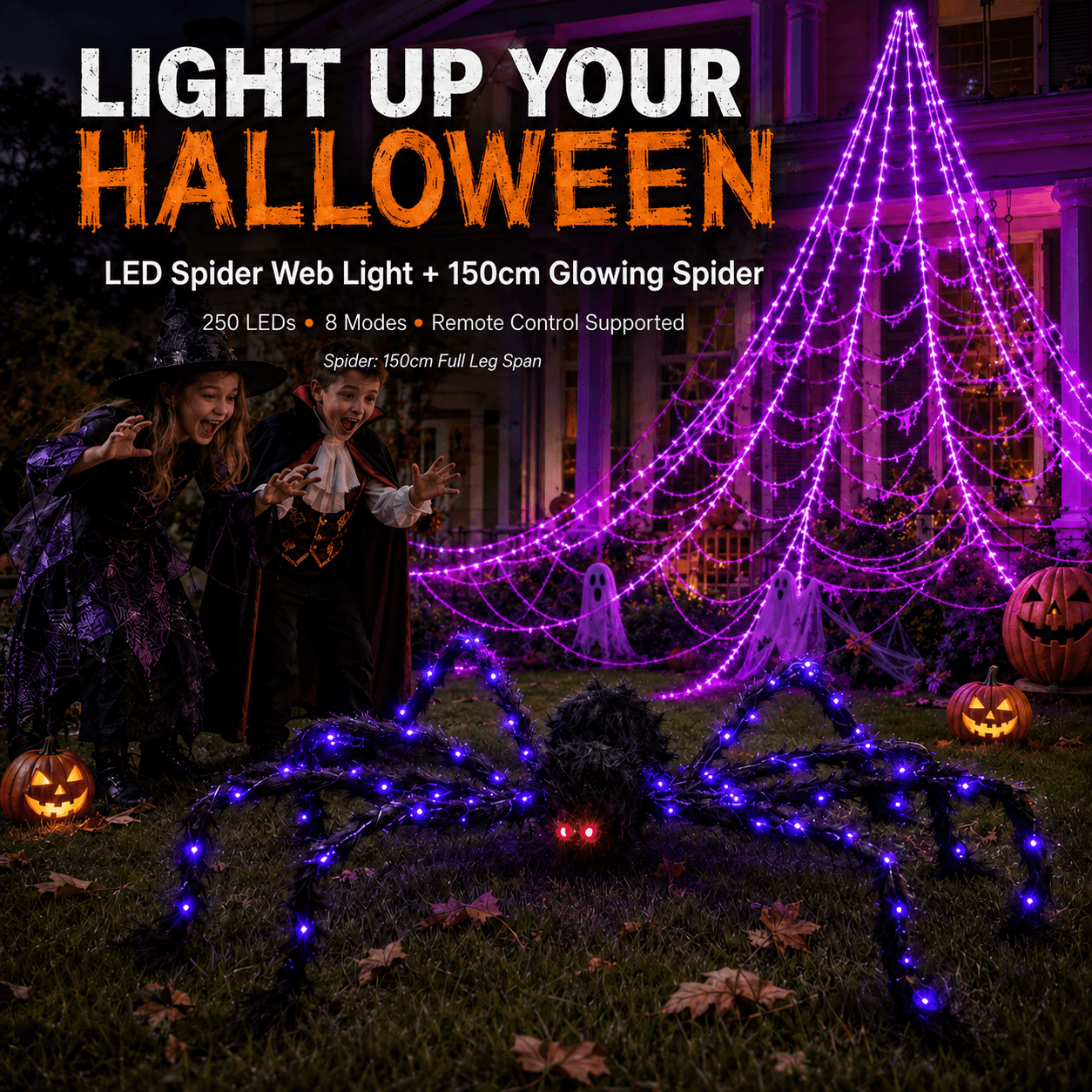 👻Halloween LED Spider Web Light & 150cm Glowing Spider Decoration🕸️ | 250 LEDs✨, 8 modes, remote control supported