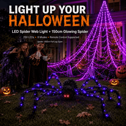 👻Halloween LED Spider Web Light & 150cm Glowing Spider Decoration🕸️ | 250 LEDs✨, 8 modes, remote control supported