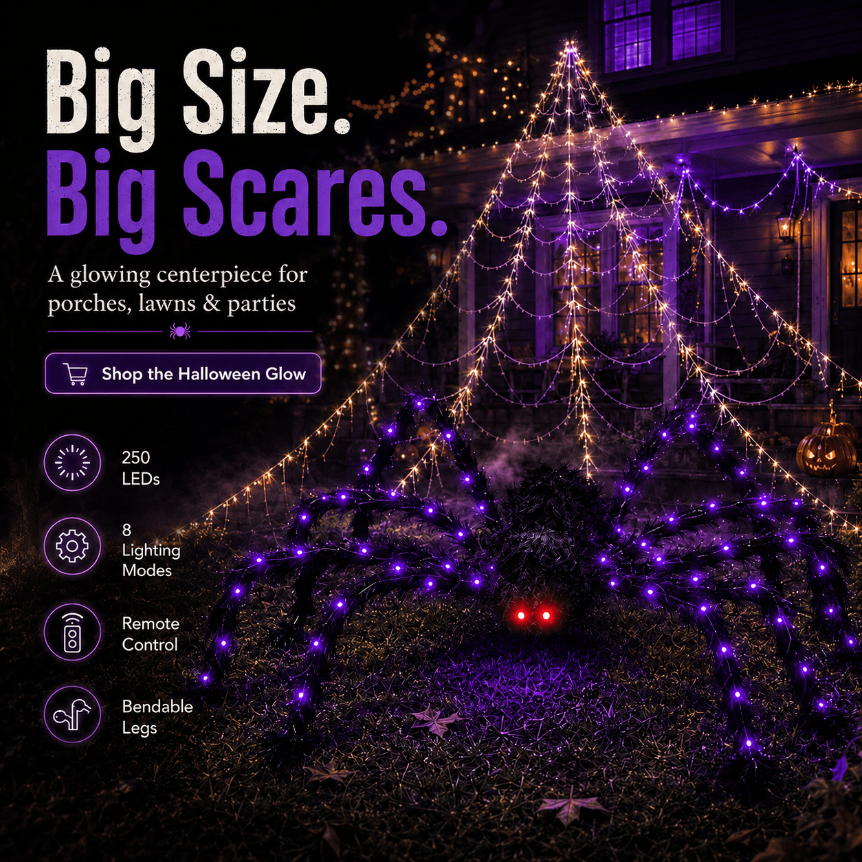 👻Halloween LED Spider Web Light & 150cm Glowing Spider Decoration🕸️ | 250 LEDs✨, 8 modes, remote control supported