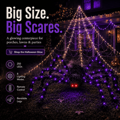 👻Halloween LED Spider Web Light & 150cm Glowing Spider Decoration🕸️ | 250 LEDs✨, 8 modes, remote control supported