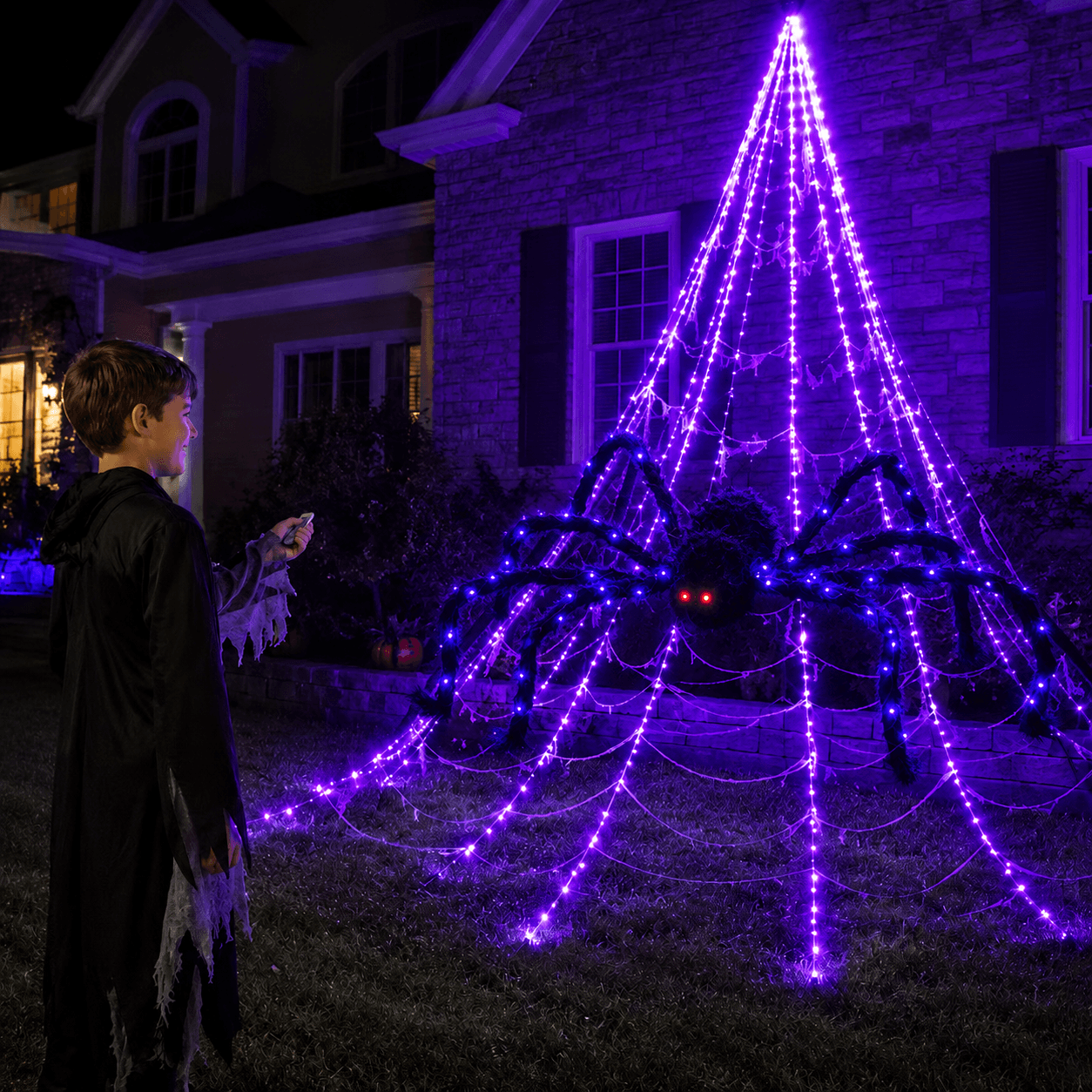 👻Halloween LED Spider Web Light & 150cm Glowing Spider Decoration🕸️ | 250 LEDs✨, 8 modes, remote control supported
