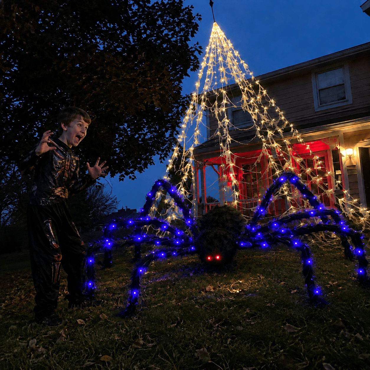 👻Halloween LED Spider Web Light & 150cm Glowing Spider Decoration🕸️ | 250 LEDs✨, 8 modes, remote control supported
