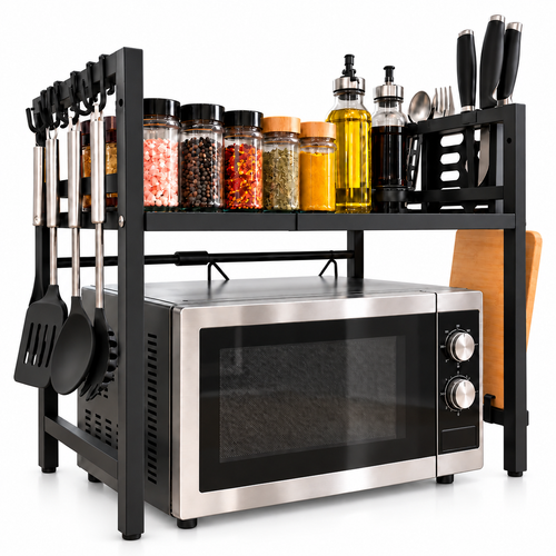 ✨ CounterSpace Pro Expandable Microwave Shelf – Adjustable Kitchen Organizer with 6 Hooks