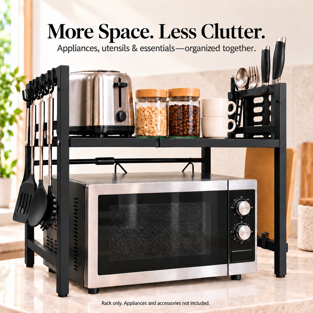 ✨ CounterSpace Pro Expandable Microwave Shelf – Adjustable Kitchen Organizer with 6 Hooks