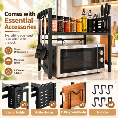 ✨ CounterSpace Pro Expandable Microwave Shelf – Adjustable Kitchen Organizer with 6 Hooks