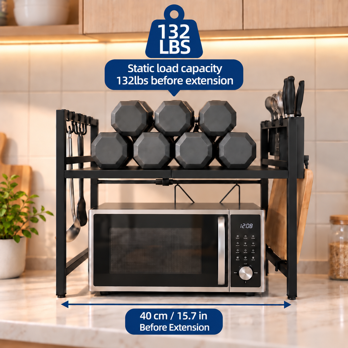 ✨ CounterSpace Pro Expandable Microwave Shelf – Adjustable Kitchen Organizer with 6 Hooks