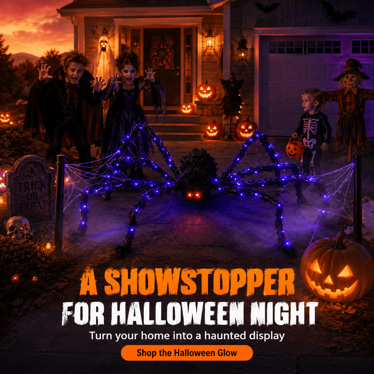 👻Halloween LED Spider Web Light & 150cm Glowing Spider Decoration🕸️ | 250 LEDs✨, 8 modes, remote control supported
