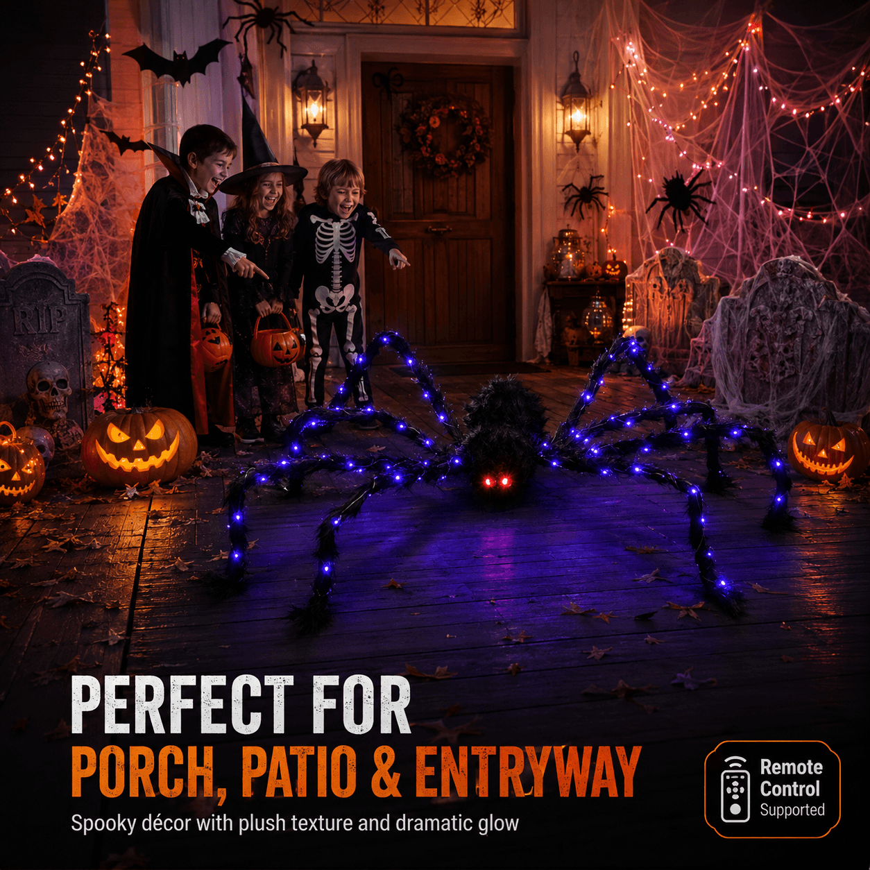 👻Halloween LED Spider Web Light & 150cm Glowing Spider Decoration🕸️ | 250 LEDs✨, 8 modes, remote control supported