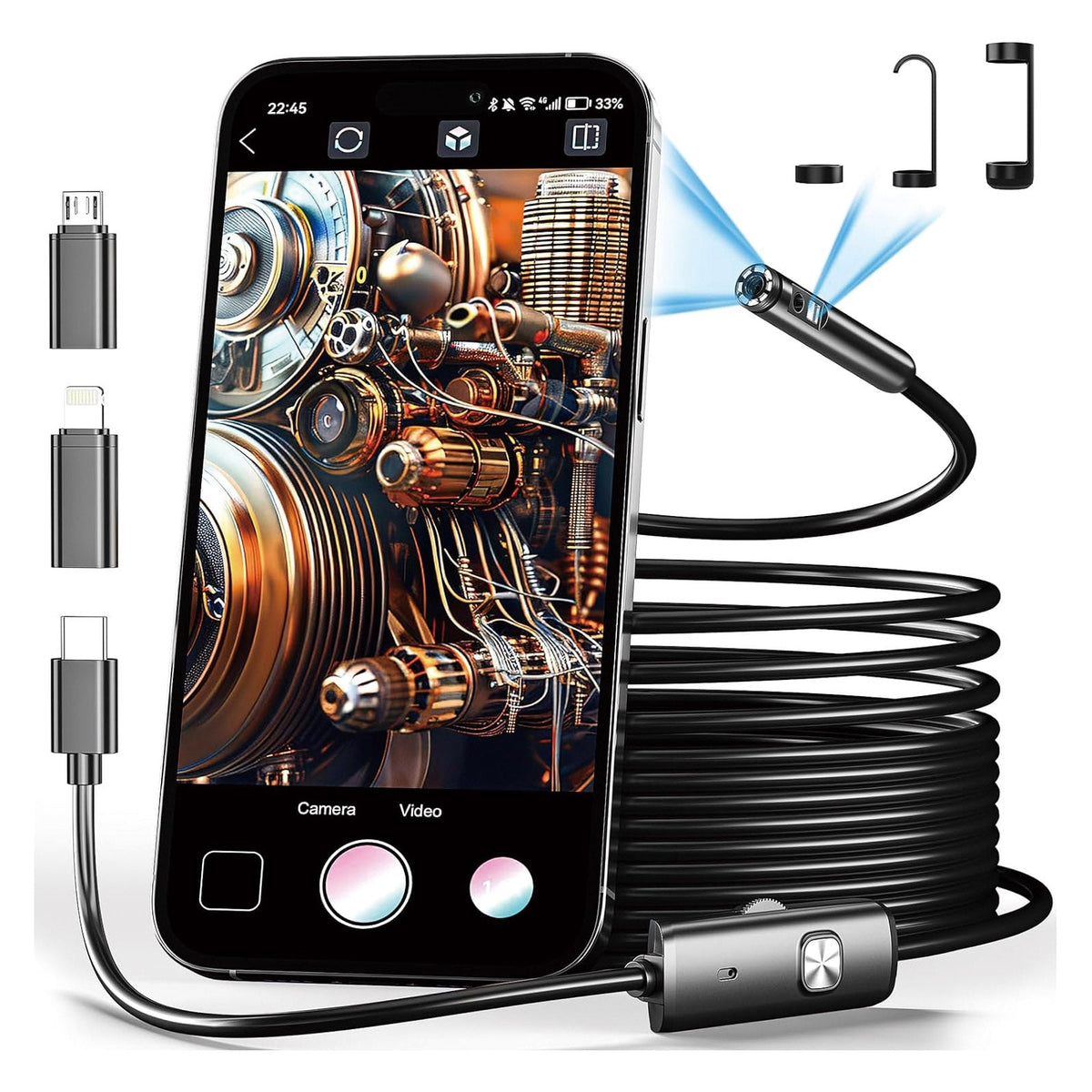 Endoscope connected to a phone showing the camera view, with plug adapters and tips