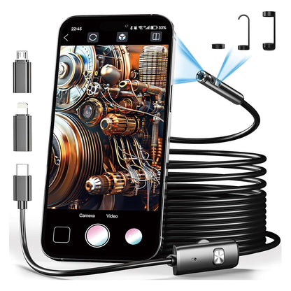 Endoscope connected to a phone showing the camera view, with plug adapters and tips