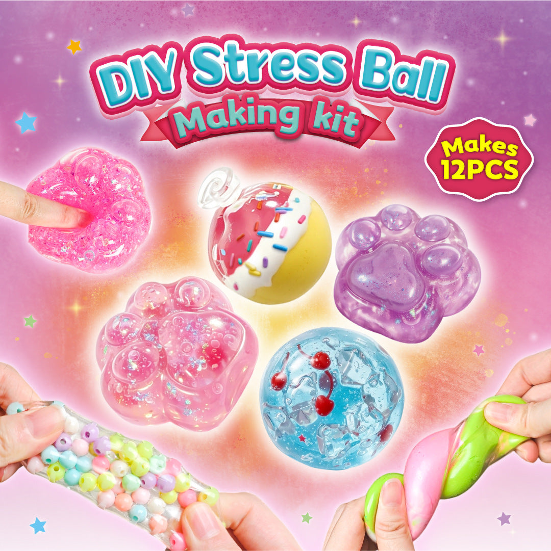 ✨ DIY Stress Ball Making Kit – 12PCS Squishy Maker Set with Beads, Glitter & Paw Molds