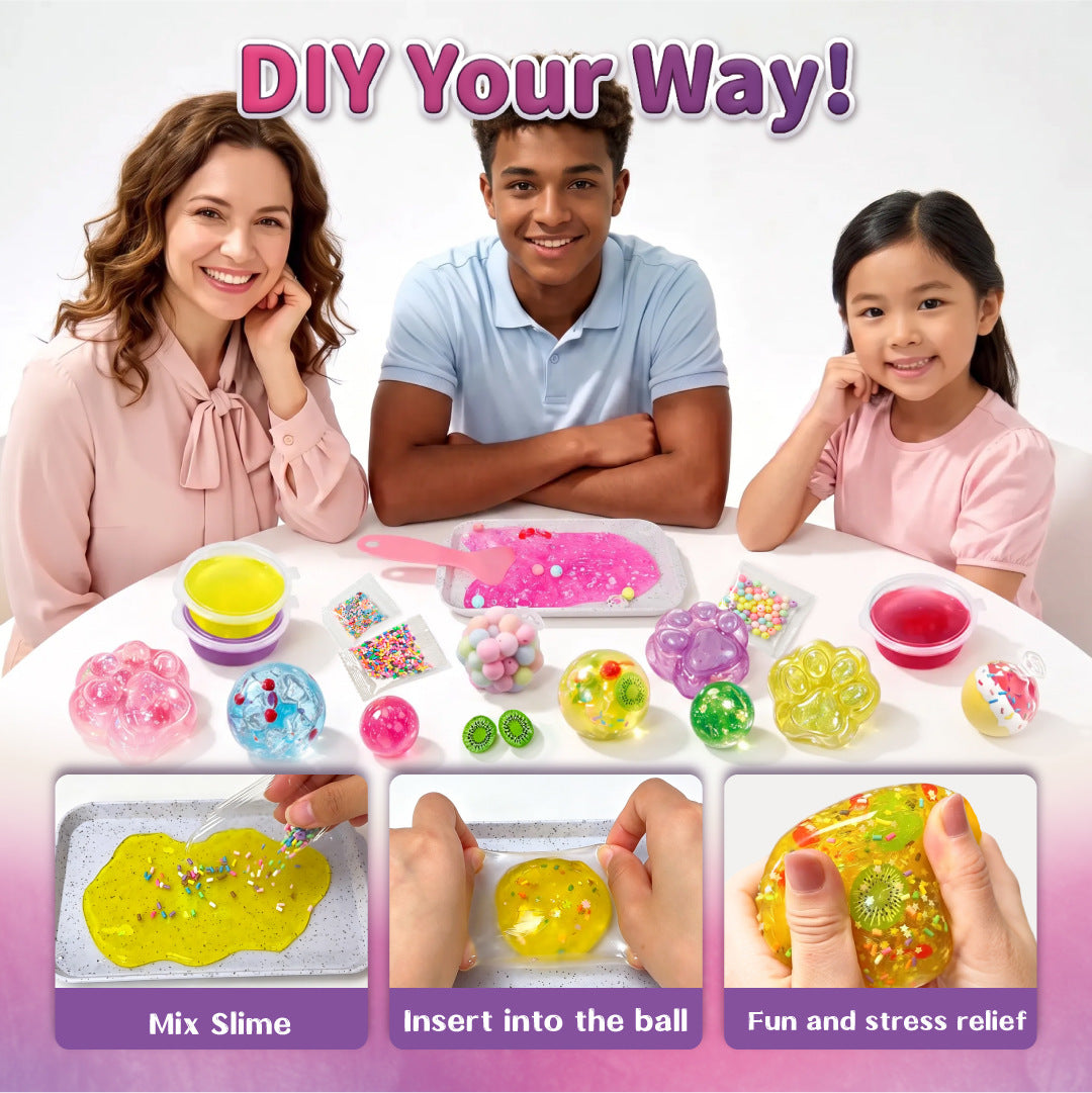 ✨ DIY Stress Ball Making Kit – 12PCS Squishy Maker Set with Beads, Glitter & Paw Molds