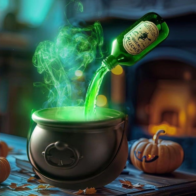 > 🕯️ Magical Bubbling Witch Cauldron — Halloween Fog Maker with Floating Potion Bottles & Glowing Skeleton for Home Party Decor 🍵