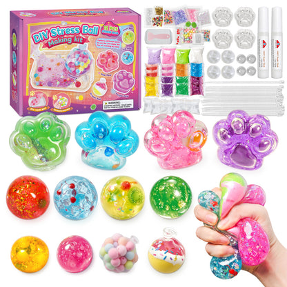 ✨ DIY Stress Ball Making Kit – 12PCS Squishy Maker Set with Beads, Glitter & Paw Molds