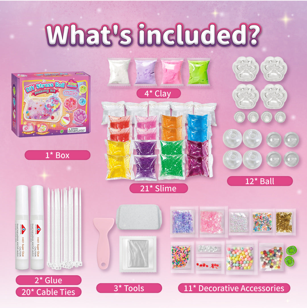 ✨ DIY Stress Ball Making Kit – 12PCS Squishy Maker Set with Beads, Glitter & Paw Molds