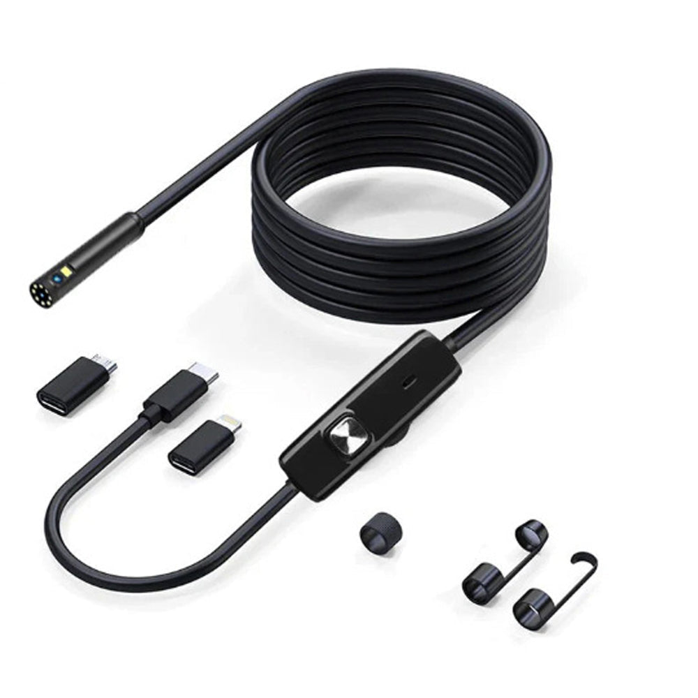 Dual-lens endoscope kit with plug adapters and screw-on hook and magnet tips