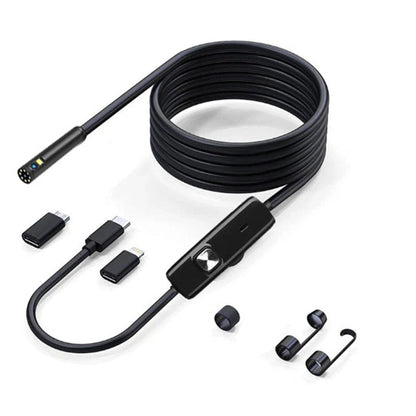 Dual-lens endoscope kit with plug adapters and screw-on hook and magnet tips