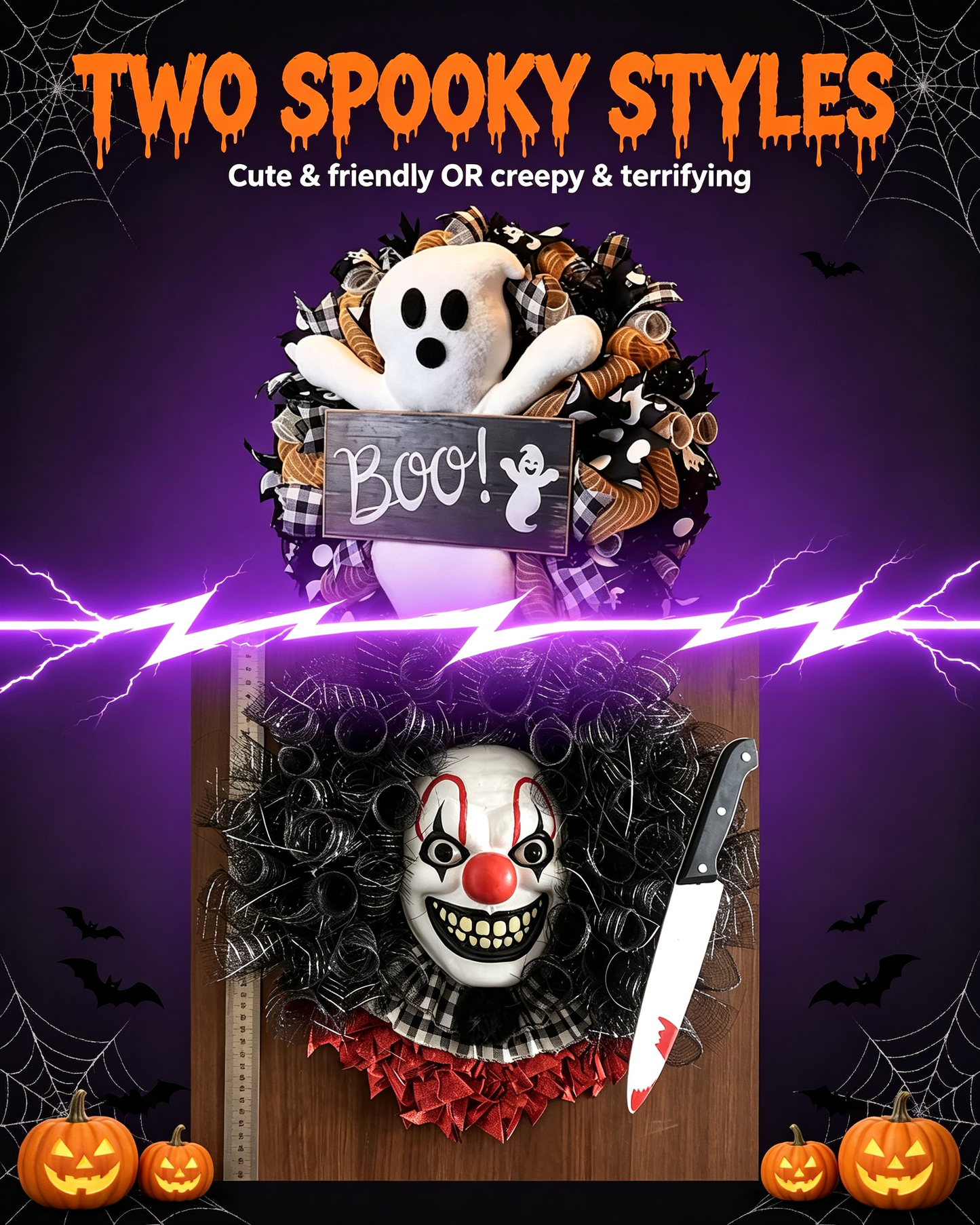 🎃 Halloween Wreath for Front Door — Spooky Ghost / Scary Clown Door Hanger, Handmade Halloween Decor