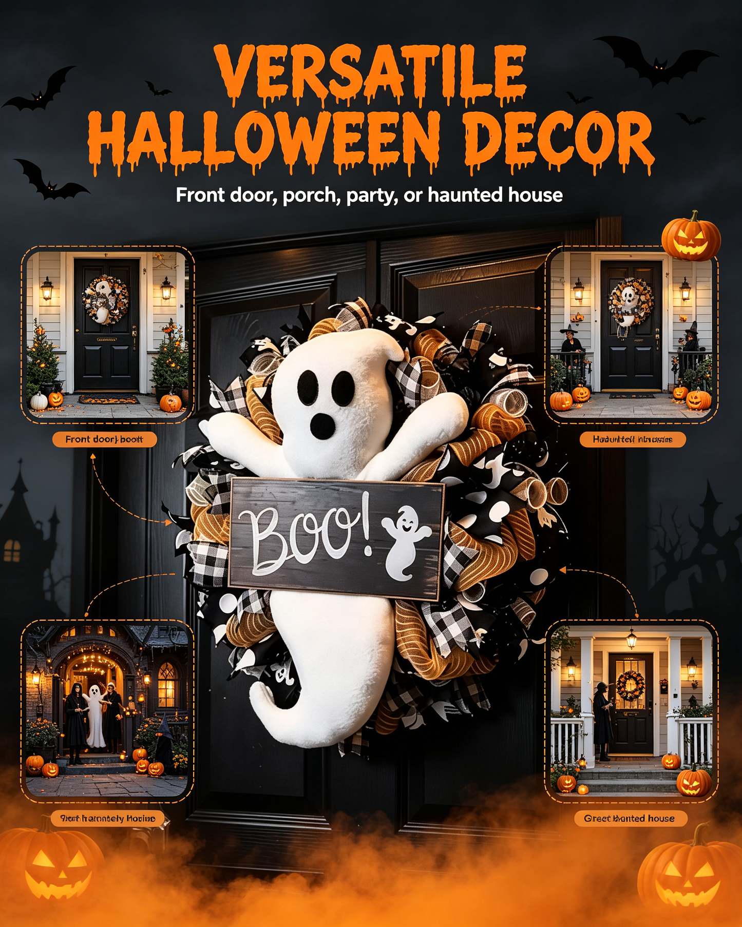 🎃 Halloween Wreath for Front Door — Spooky Ghost / Scary Clown Door Hanger, Handmade Halloween Decor
