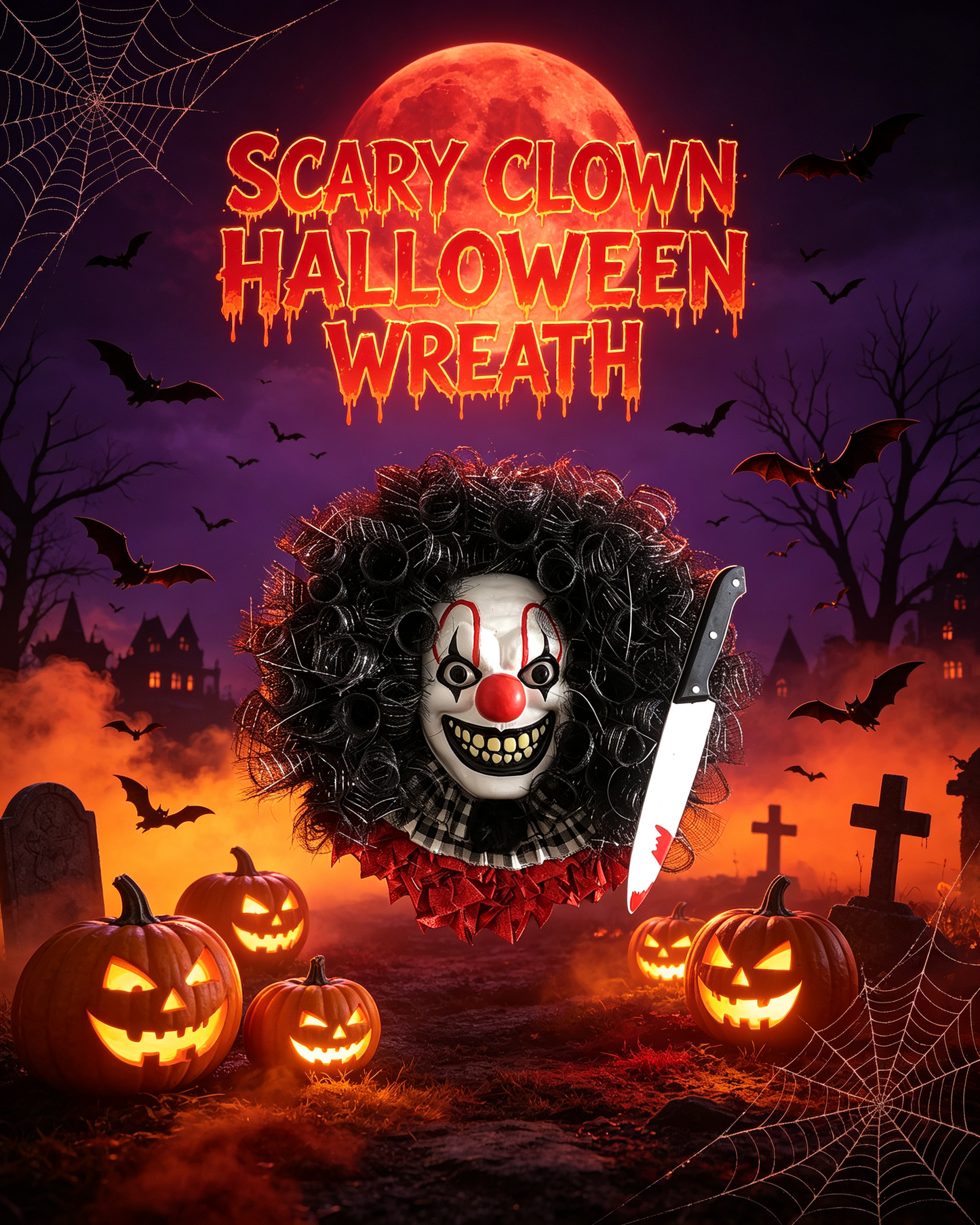 🎃 Halloween Wreath for Front Door — Spooky Ghost / Scary Clown Door Hanger, Handmade Halloween Decor