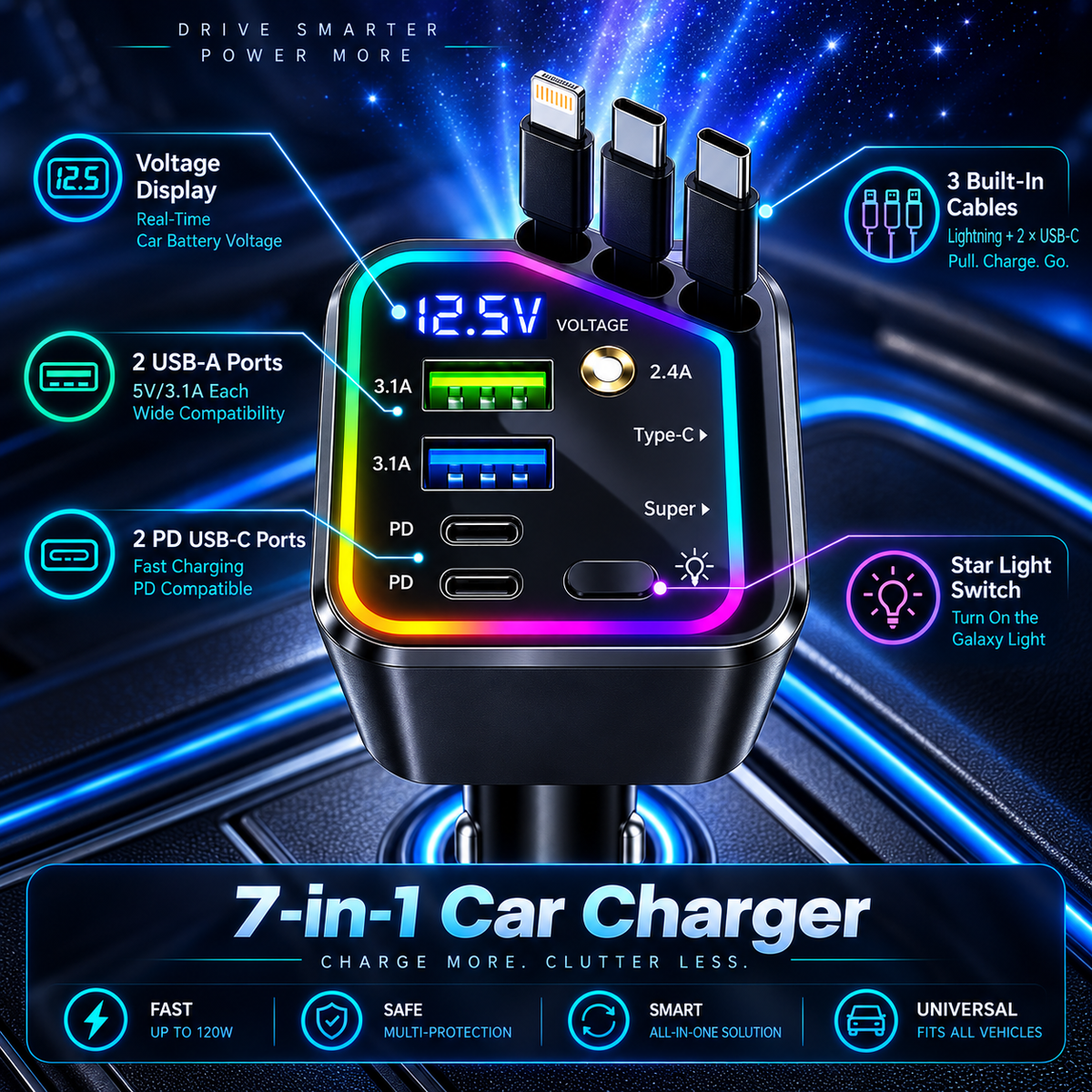🔥7-in-1 Retractable Car Charger – 120W Fast Charging & Galaxy Light
