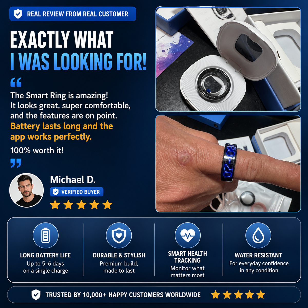 Smart Health Ring – 24/7 Heart Rate, Sleep & Activity Tracking | Sleek, Lightweight & IP68 Waterproof