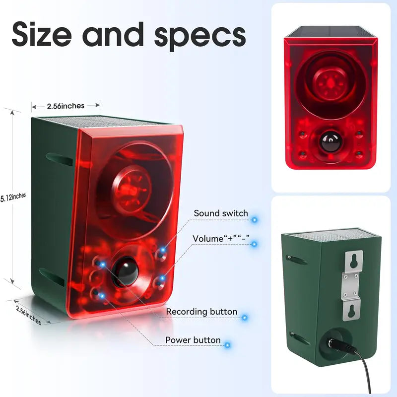 🦝 Solar Motion-Activated Animal Deterrent Alarm – Custom Sound & Flashing Light