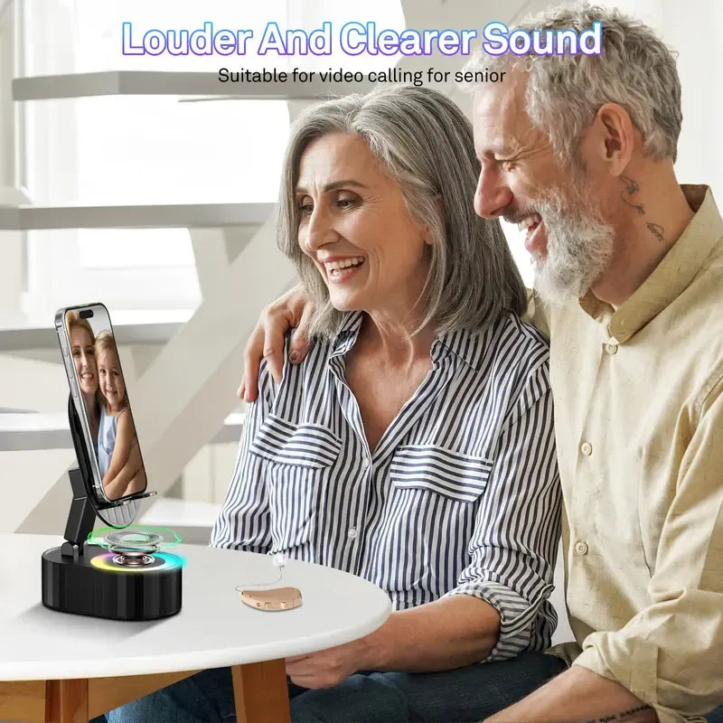 🎵 5-in-1 Wireless Induction Audio Bluetooth Speaker & Phone Holder – 3000mAh Rechargeable Power Bank with Colorful Ambient Light, 300° Foldable Stand for Smartphone & Tablet