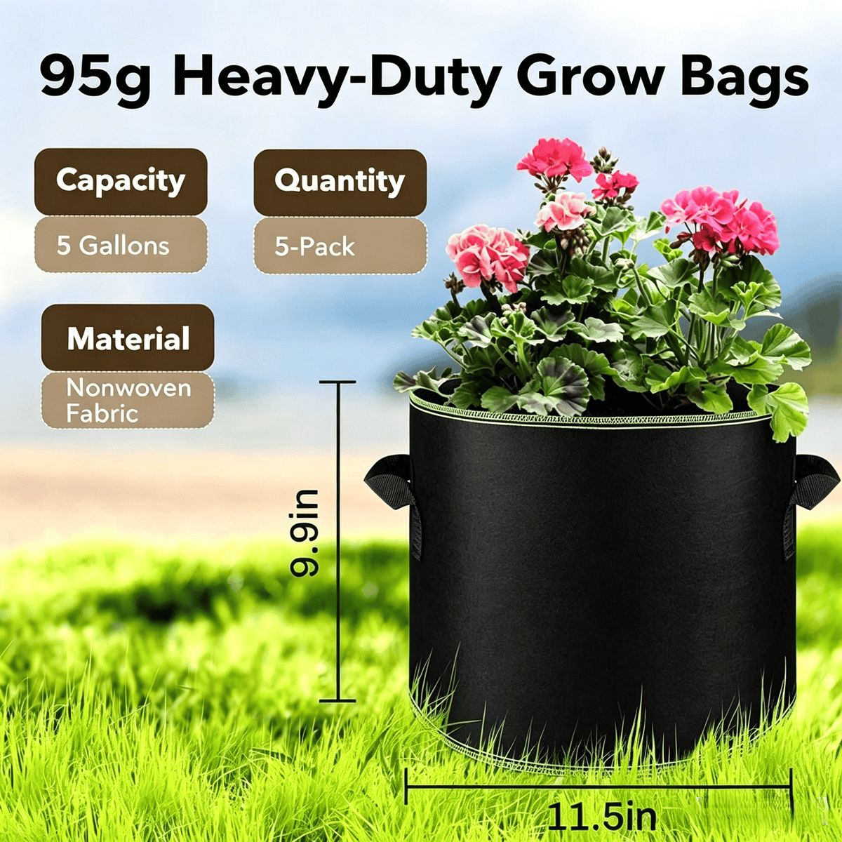 🌱5-Pack 5 Gallon Grow Bags – Heavy Duty Aeration Fabric Pots with Handles for Vegetables, Flowers & Fruits