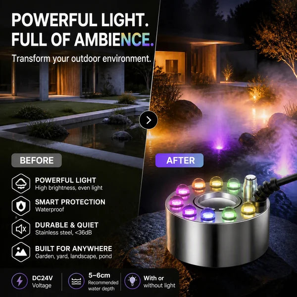 RGB Submersible Pond Mist Light, Stainless Steel Waterproof Fog Maker for Garden Yard Landscape Decor