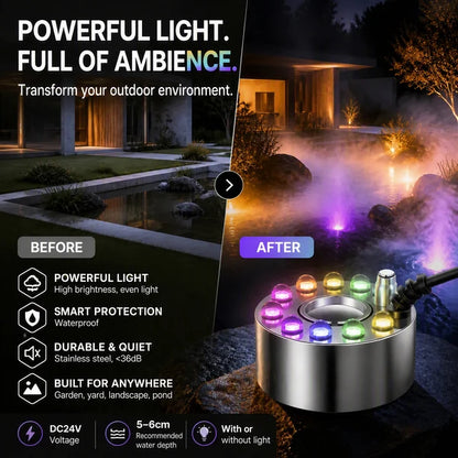 RGB Submersible Pond Mist Light, Stainless Steel Waterproof Fog Maker for Garden Yard Landscape Decor