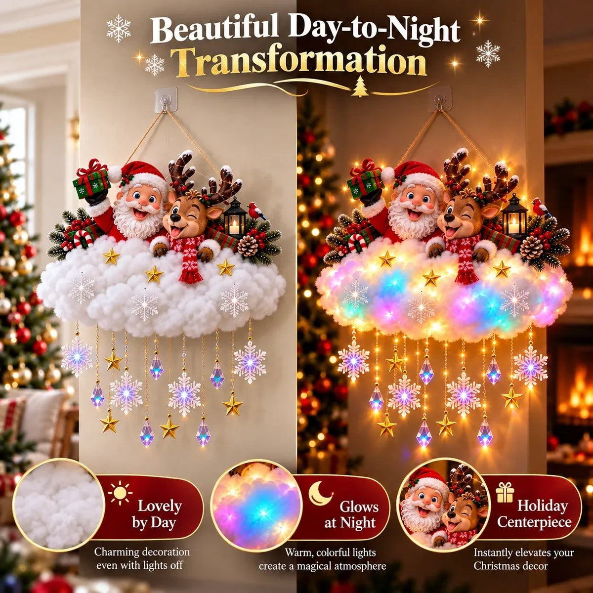 ✨🎄 Light-Up Christmas Cloud Hanging Decor – Santa & Winter Village Holiday Display