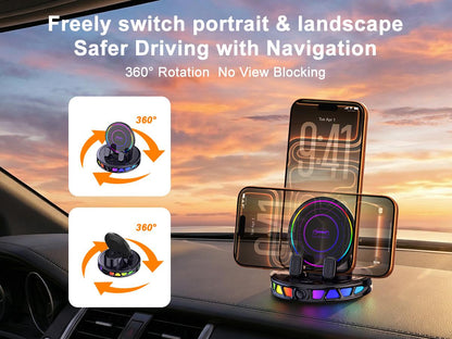 🔥 2026 Upgraded RGB Wireless Charging Car Phone Holder – 360° Rotating
