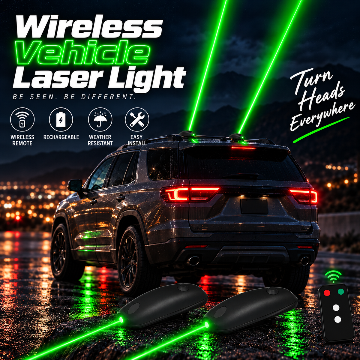 🚗 Wireless Vehicle Laser Warning Light – Remote Control & Rechargeable