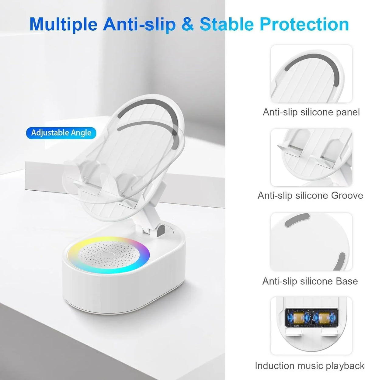 🎵 5-in-1 Wireless Induction Audio Bluetooth Speaker & Phone Holder – 3000mAh Rechargeable Power Bank with Colorful Ambient Light, 300° Foldable Stand for Smartphone & Tablet