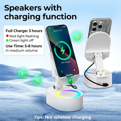 🎵 5-in-1 Wireless Induction Audio Bluetooth Speaker & Phone Holder – 3000mAh Rechargeable Power Bank with Colorful Ambient Light, 300° Foldable Stand for Smartphone & Tablet